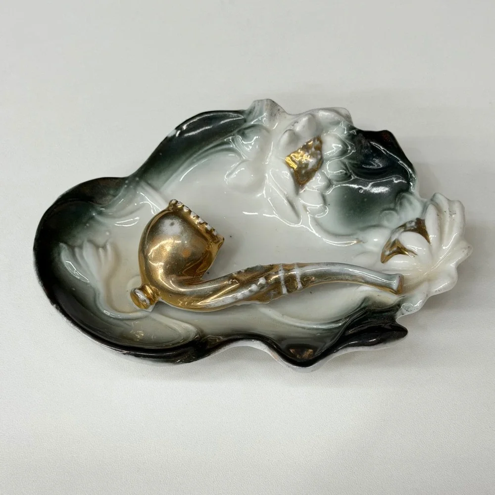 Vintage Porcelain Pipe Ashtray Trinket Dish Green Ombre Gold Gilt Figural 4.5